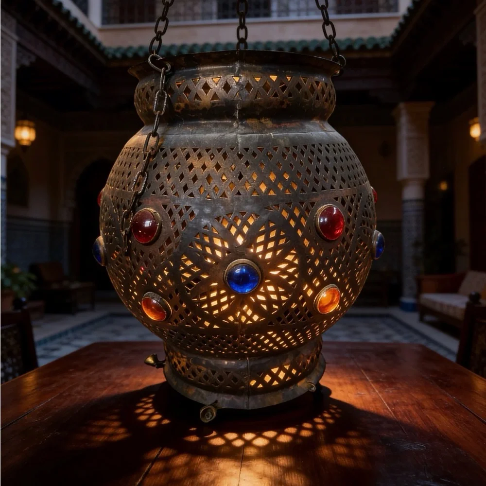Vintage moroccan Metal Lantern with Red, Blue, and Orange Accents